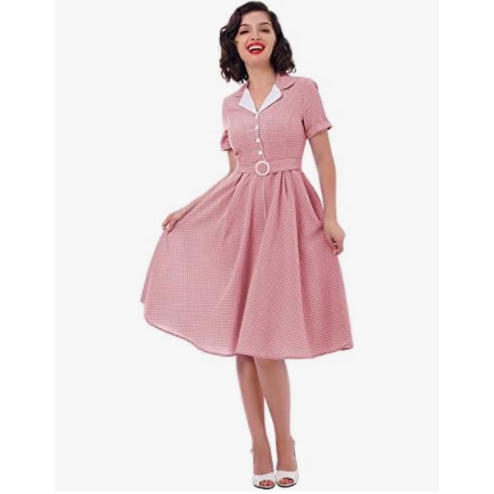 Vintage Style Pink Grid Fit and Flare Dress Retro 1950s Rockabilly XL Belted